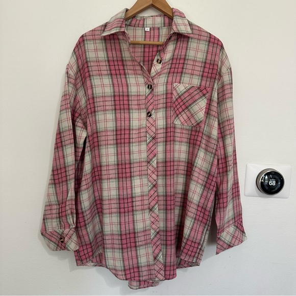 Pink Plaid Flannel XL Button Down Blouse Women’s Like New - Picture 2 of 7